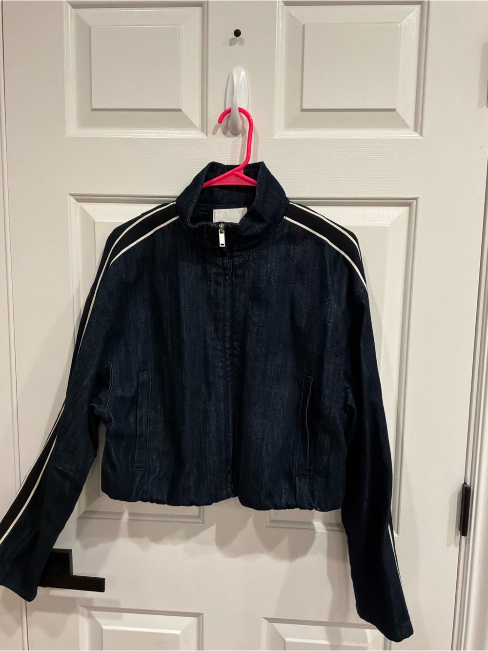 Zara Dark Navy Bomber Jacket with White Piping NWOT